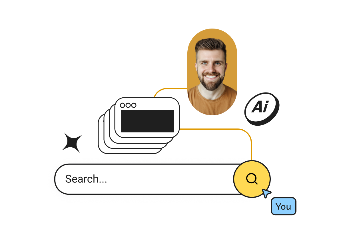 Illustration of a search bar connected to a smiling man’s photo, computer windows, and an "AI" icon, with a "You" label near the search icon.