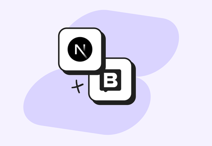 Stacked white rounded-square tiles showing black "N" and "B" icons with a small plus sign over light purple abstract shapes.