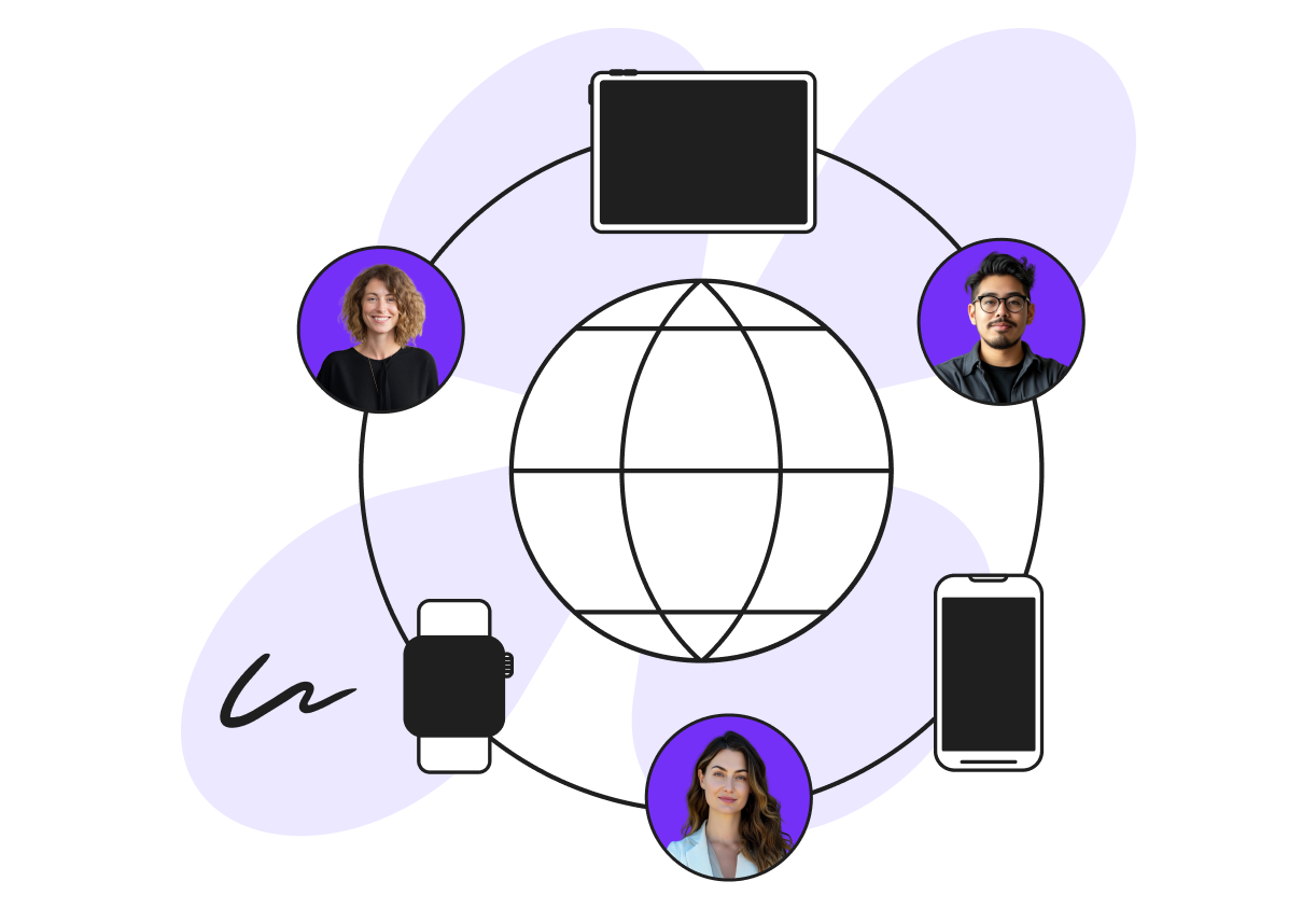 Illustration of a globe connected to devices and diverse people, representing global connectivity and communication.