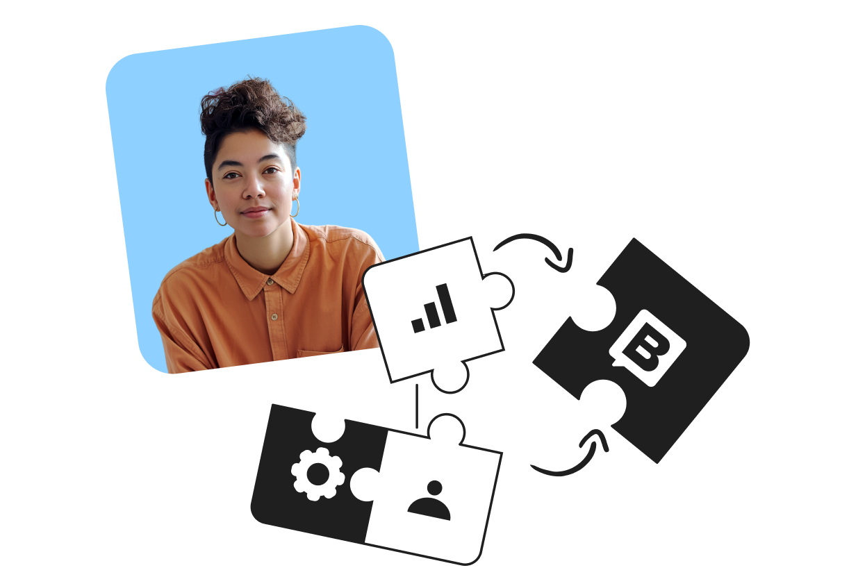 A person in an orange shirt beside puzzle pieces with icons representing growth, a blog, settings, and a person on a blue background.