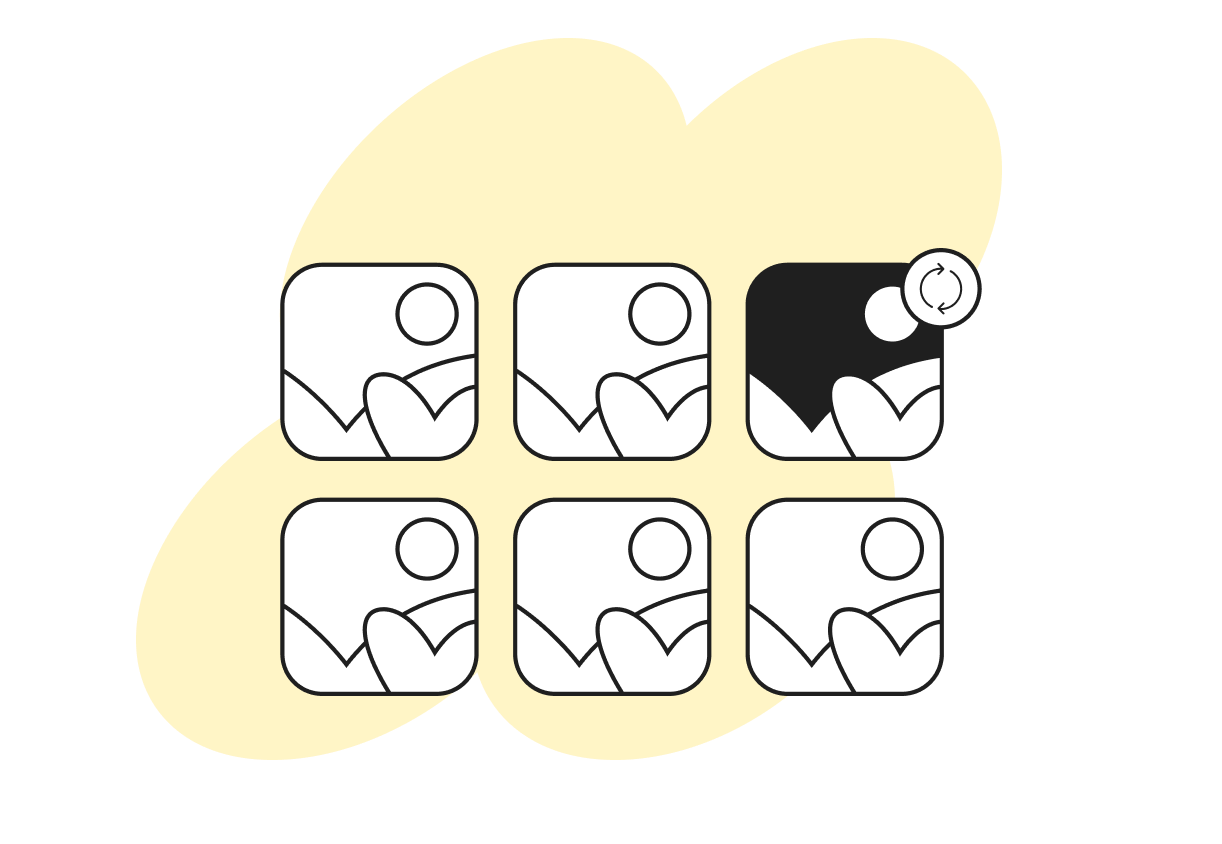 A grid of six abstract picture icons; one is highlighted with a circular refresh symbol on a light yellow background.