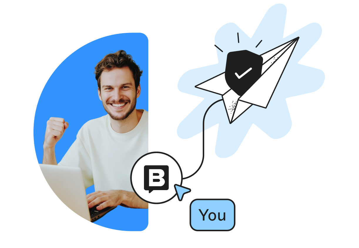Happy person at a laptop, fist raised, with a chat bubble and a paper airplane graphic featuring a shield and checkmark.
