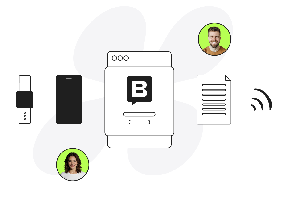 Abstract illustration with connected devices, documents, and user icons around a central interface with a "B" symbol.