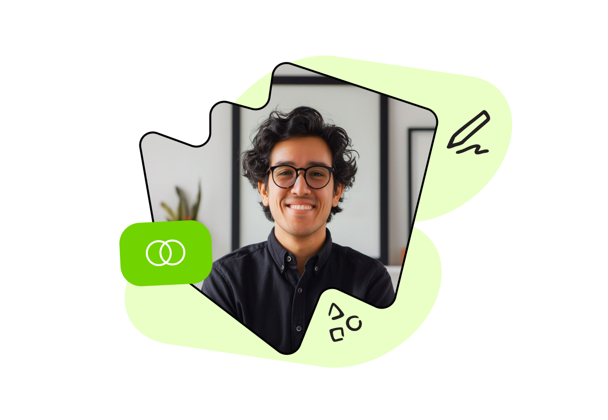 Smiling person with glasses in a dark shirt, framed by abstract green shapes and icons.