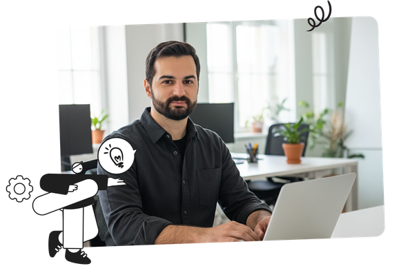 Man in a black shirt sits at a laptop in a bright office with illustrated elements around him.