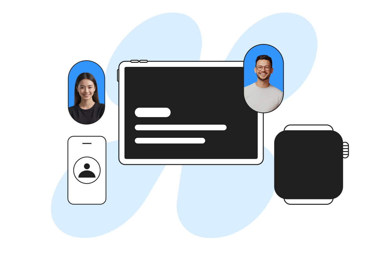 Collage of devices including a tablet, smartphone, and smartwatch, with portraits of a woman and a man in blue-bordered ovals.