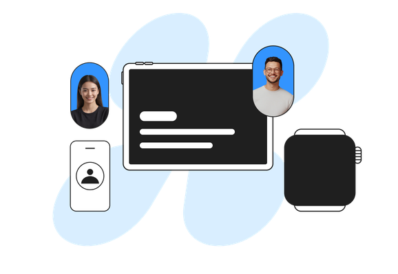 Collage of devices including a tablet, smartphone, and smartwatch, with portraits of a woman and a man in blue-bordered ovals.