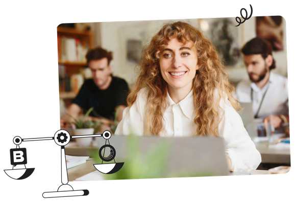 Woman with curly hair smiling at a desk, two blurred individuals in the background. A scale illustration overlays the image foreground.