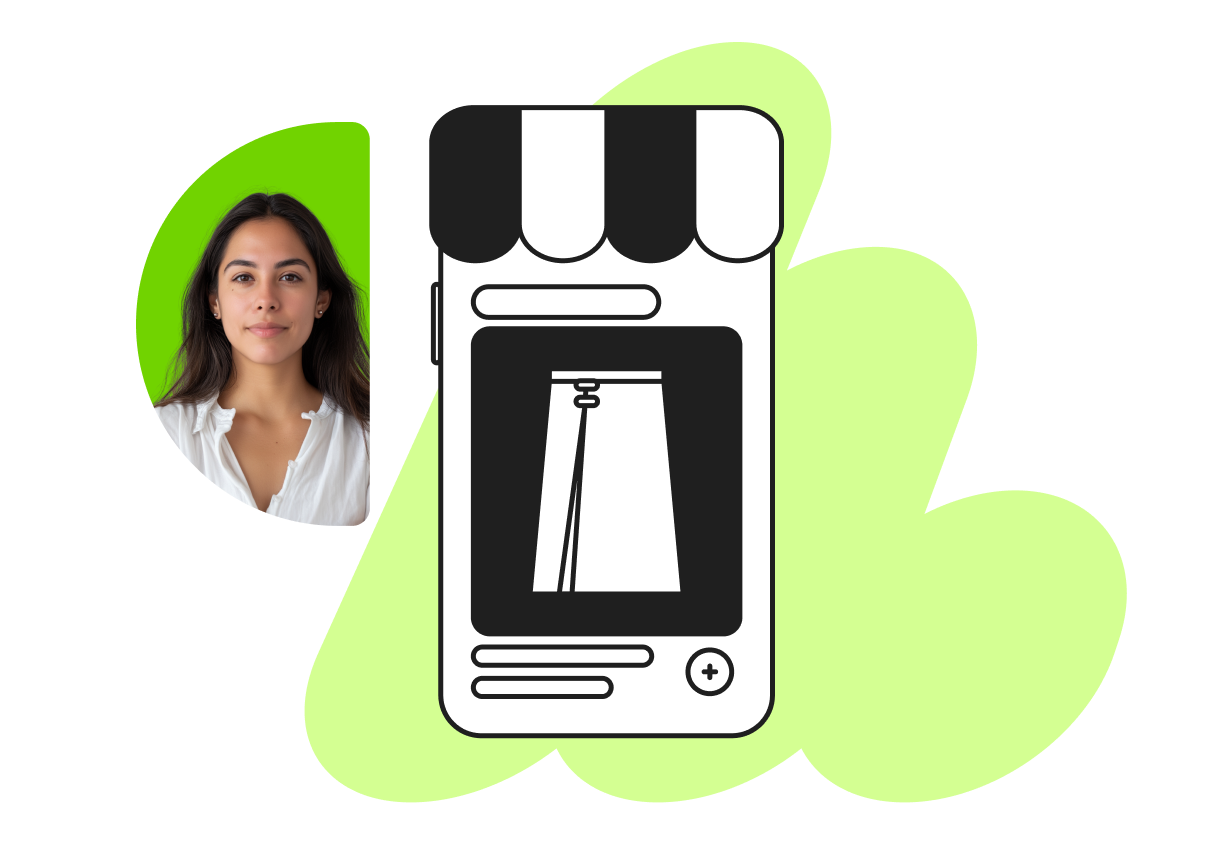 Portrait of a woman alongside an illustration of a mobile store interface featuring an awning and clothing image on a green abstract background.