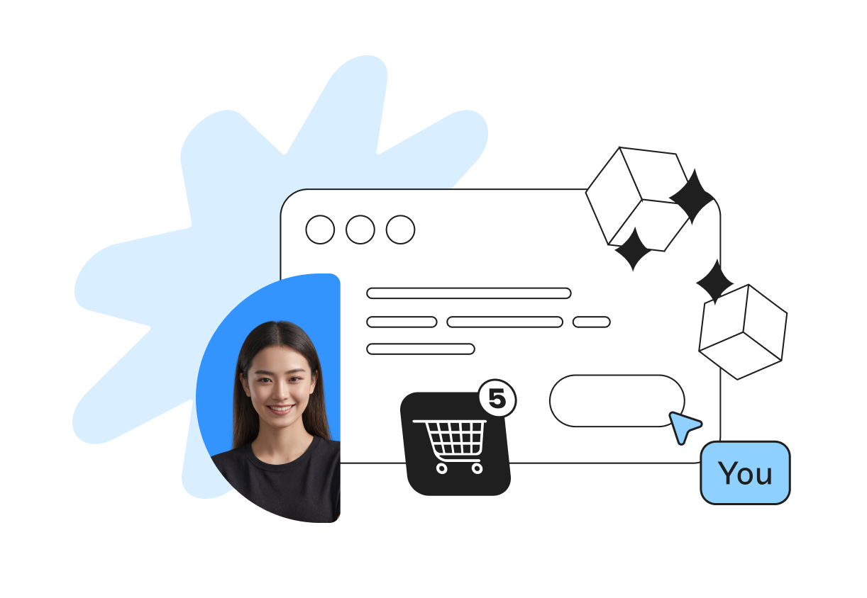 Graphic of a woman, shopping cart with 5 items, and website elements, featuring cubes and a "You" button.