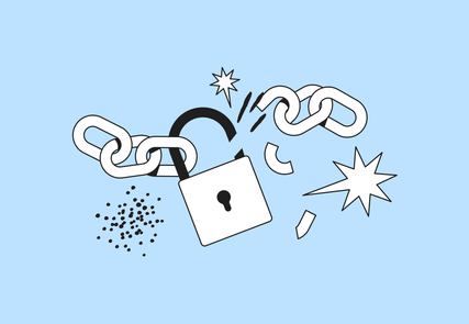 Illustration of a broken padlock and shattered chain links with sparks on a light blue background.