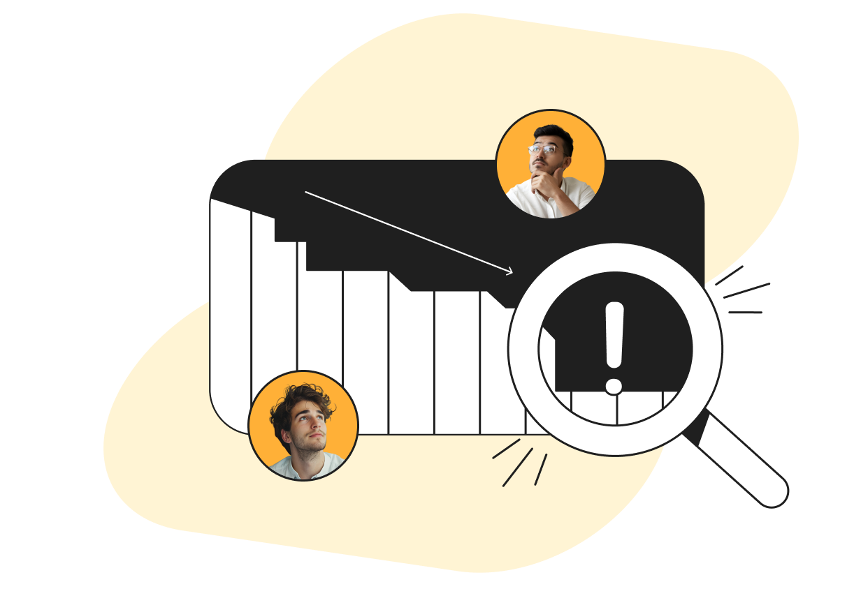 Chart with downward trend, magnifying glass highlighting an exclamation mark, two people in thought bubbles, on a beige background.