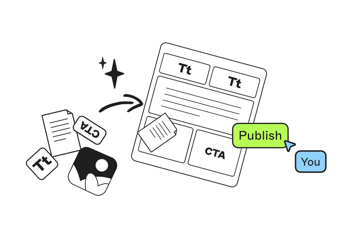 Collage of text, documents, and a publish button symbolizing content creation and editing process. Arrows indicate progression towards publishing.