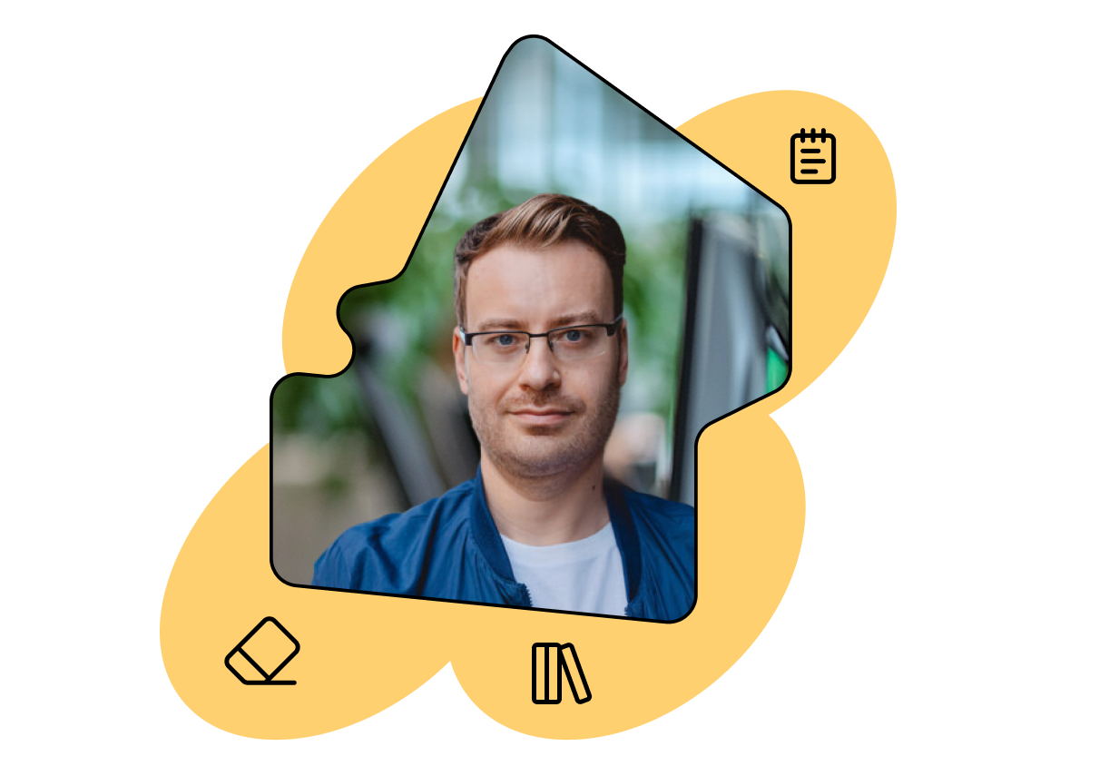 Man with glasses and a blue jacket, set against a blurred background with abstract yellow shapes and icons, including a calendar and book.