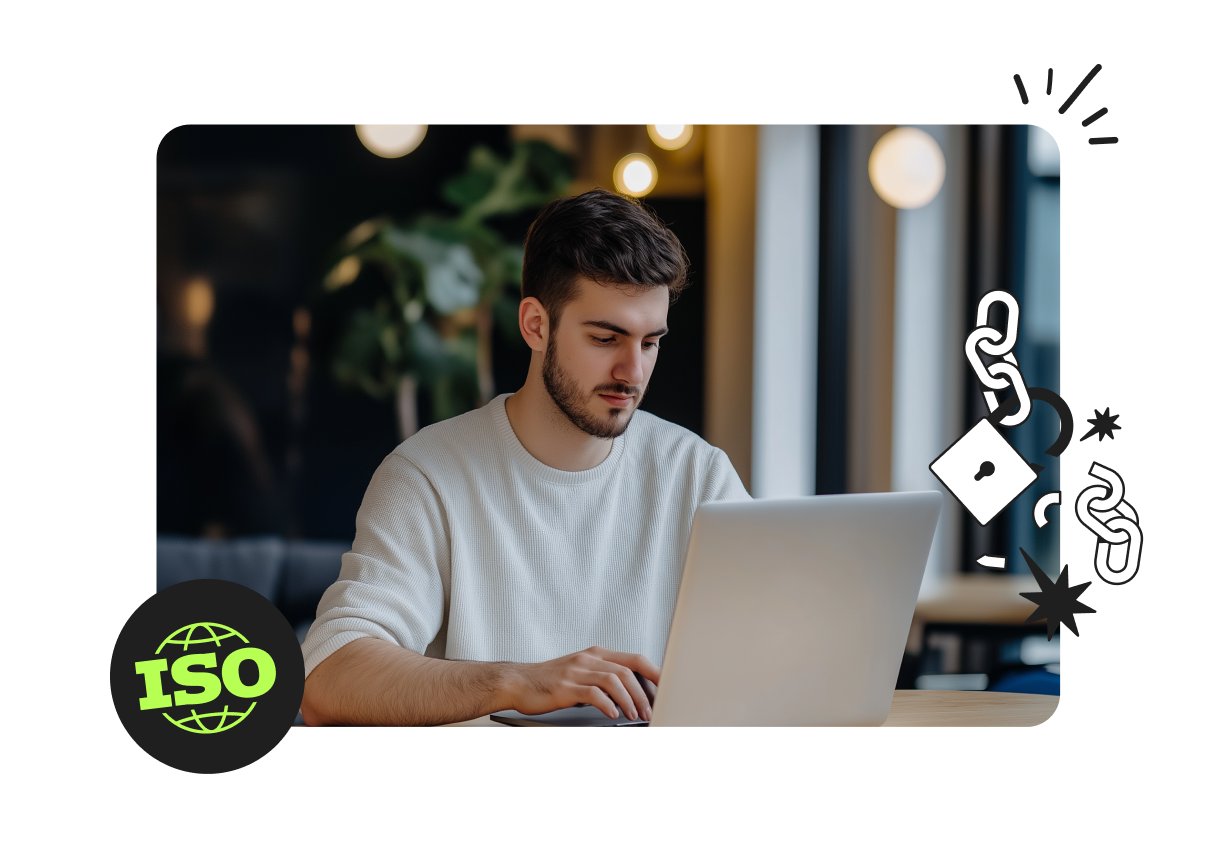 Man in a white sweater using a laptop at a table in a modern setting, with ISO icon and chain graphics overlayed.