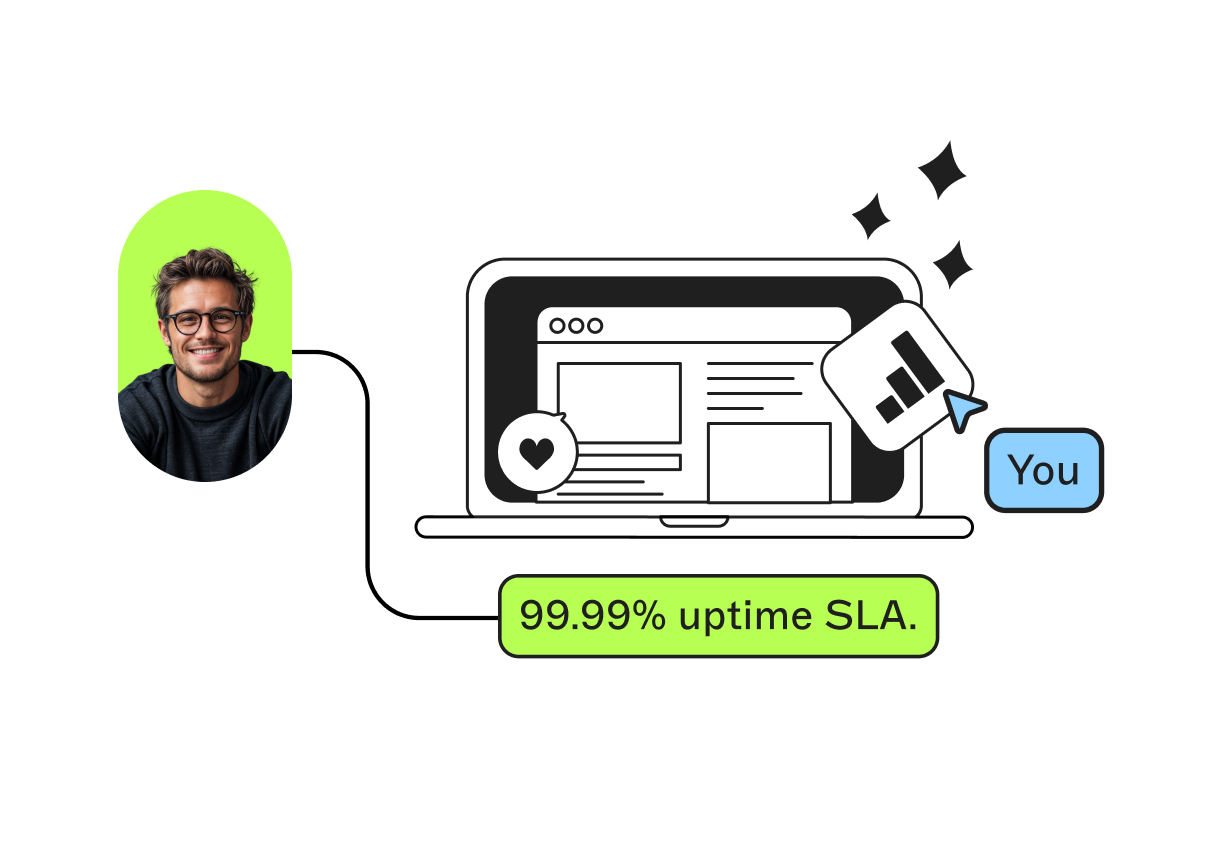 Illustration of a laptop with web icons, showing "99.99% uptime SLA." A person is smiling in the corner.