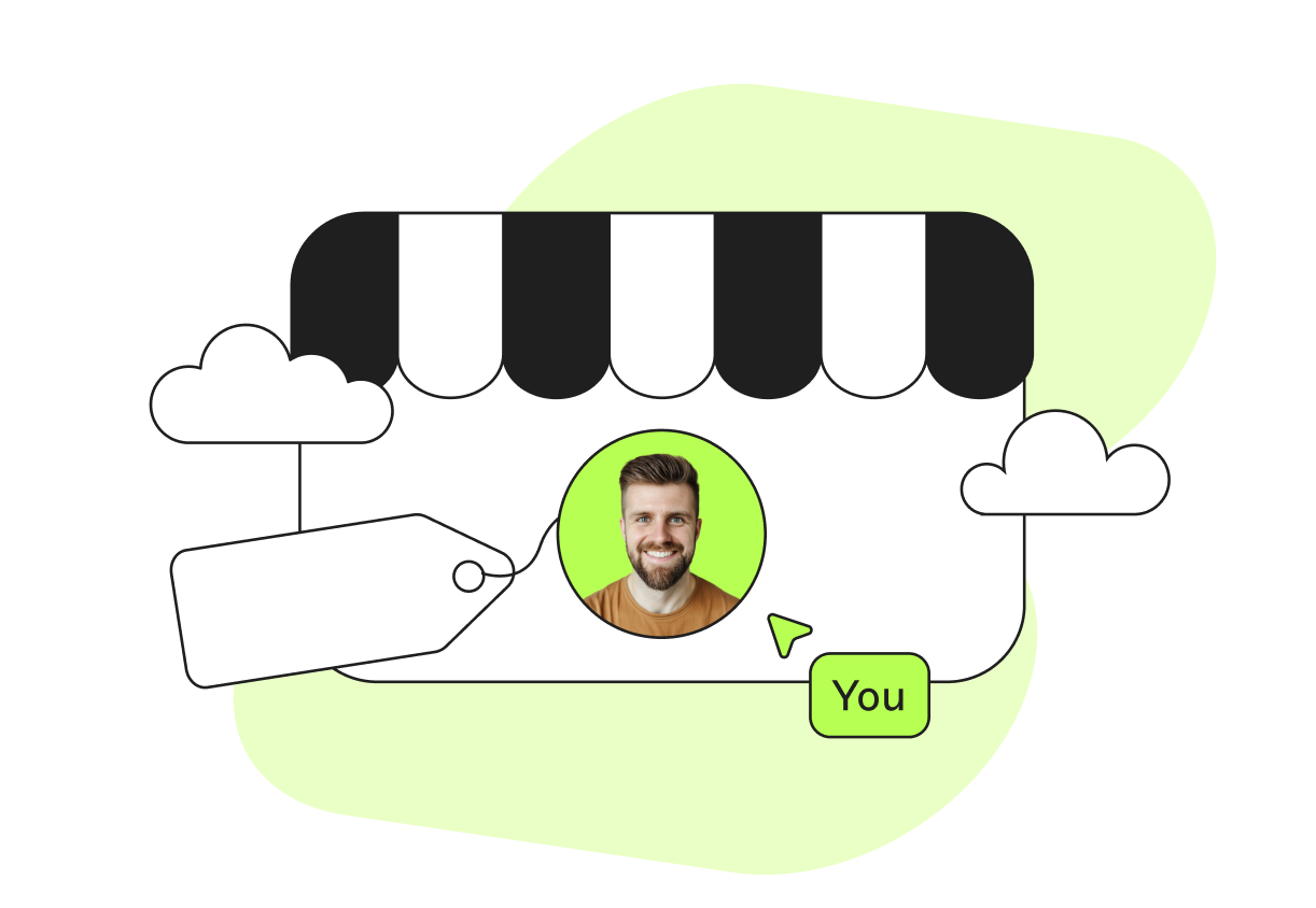 Profile photo with "You" label in a store graphic, featuring a price tag and clouds, on a light green background.
