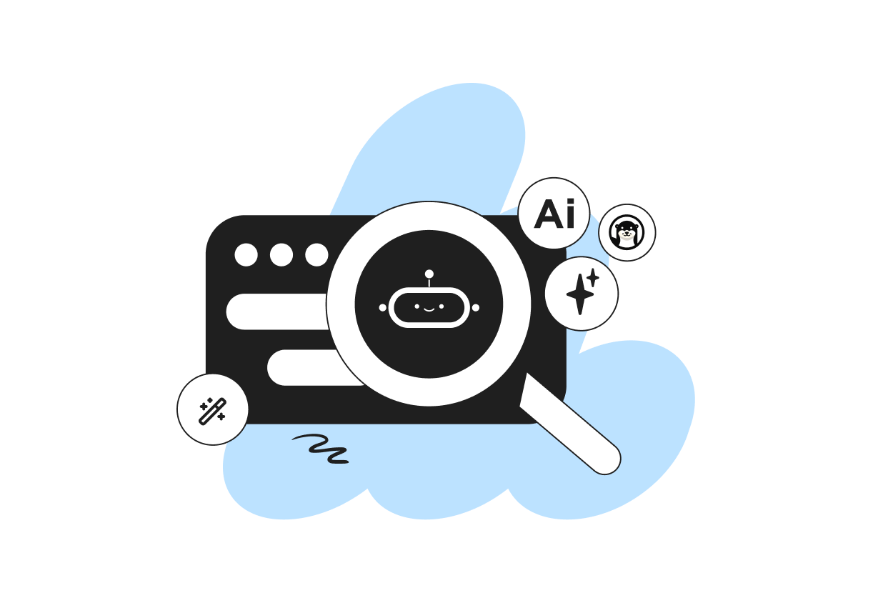 Illustration of a magnifying glass over a chatbot icon with AI-related symbols and a stylized blue cloud background.