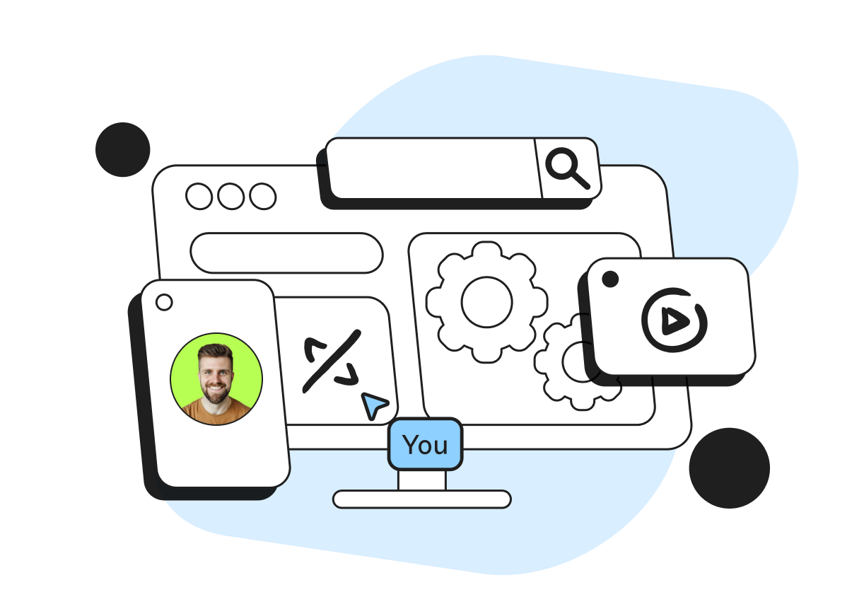 Illustration of a computer screen with coding icons, gears, a profile picture, and a video play symbol, highlighting user interaction.