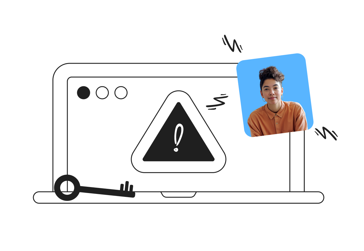 Laptop displaying a warning symbol with a key in front and a person’s photo on the side against a blue background.