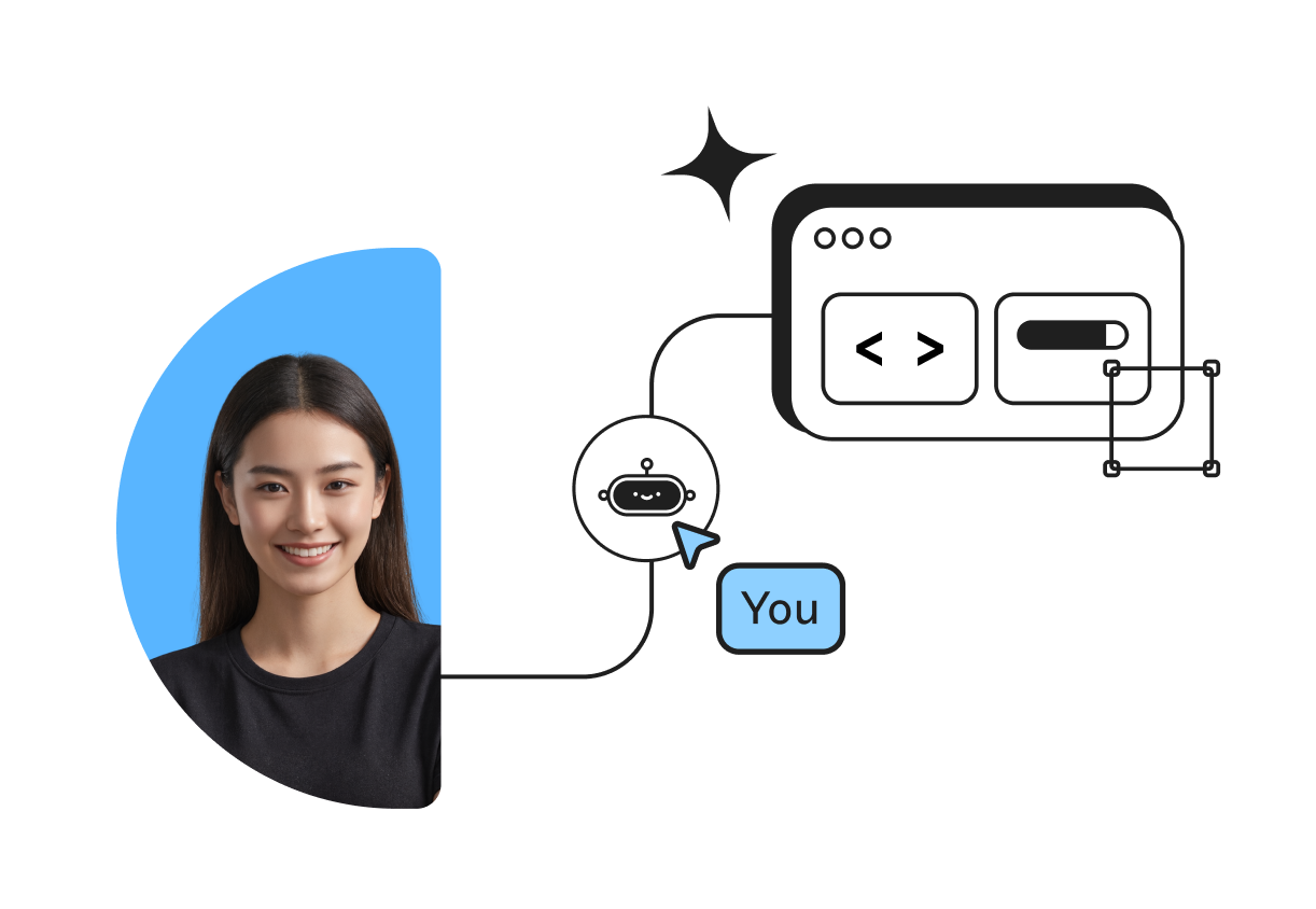 Digital illustration of a smiling woman, chatbot icon, and web interface elements, symbolizing user interaction with AI technology.