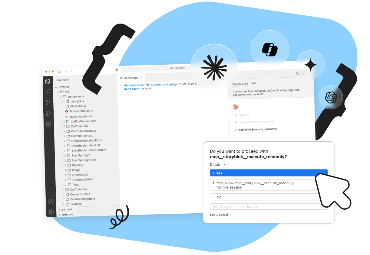 A user interface with code on the left, and an interactive dialogue box asking to proceed with an action on the right.
