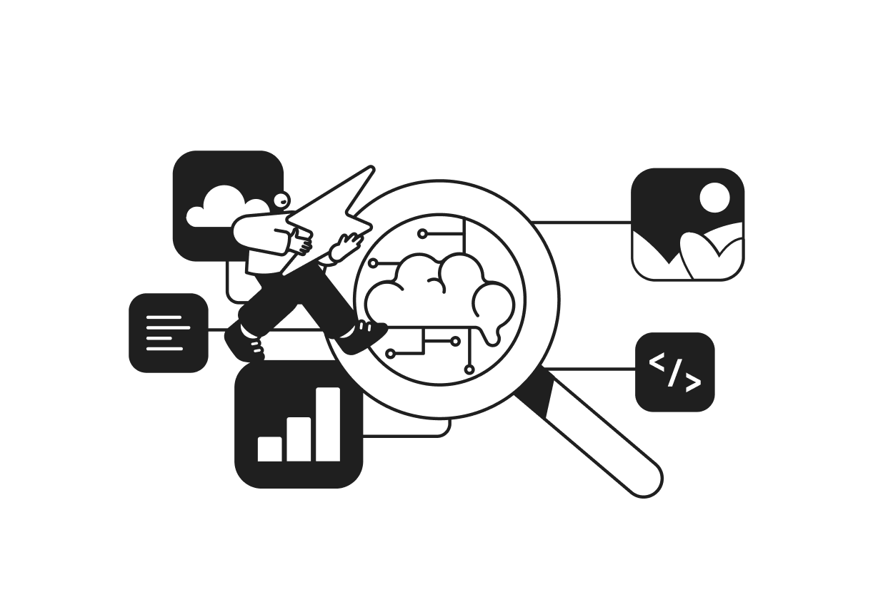 Illustration of a person with a magnifying glass examining digital icons, representing data analysis, cloud computing, and coding.