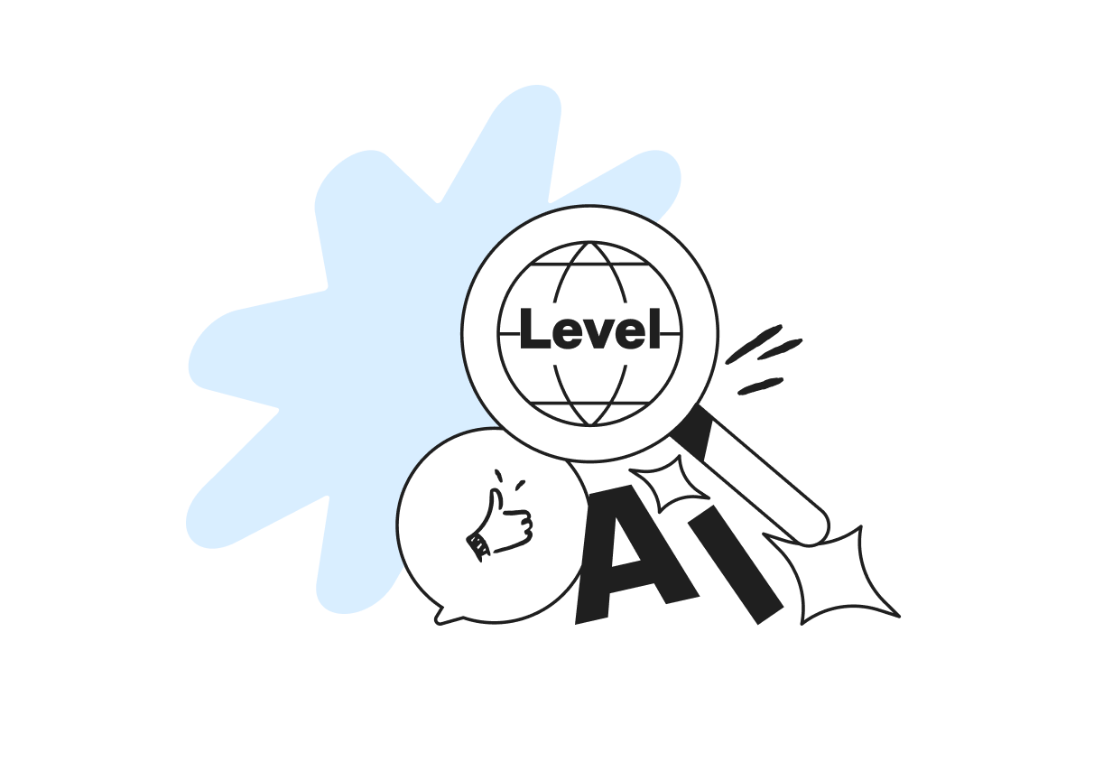 Magnifying glass with "Level" on a globe, a thumbs-up bubble, and "AI" text on a blue splash background.