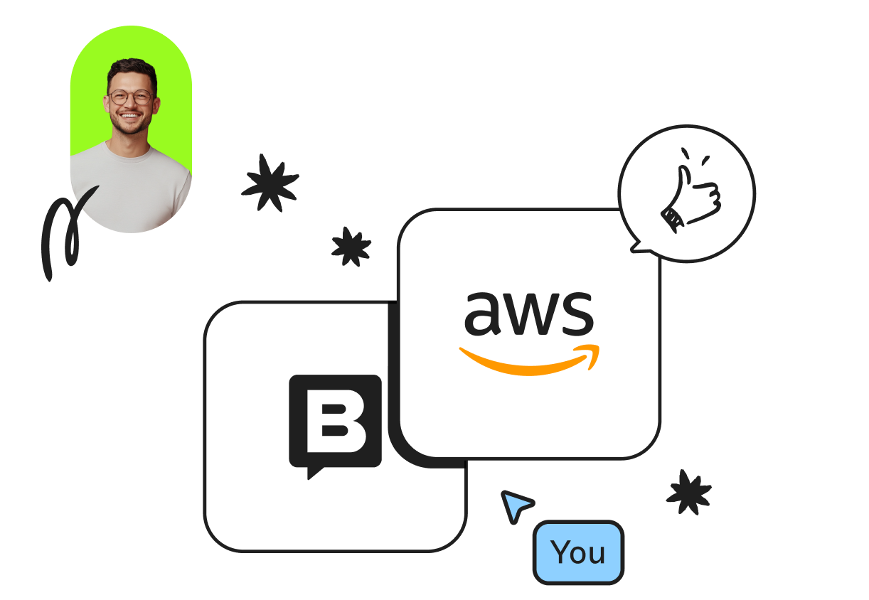 Collage with a smiling person, AWS logo, a chat bubble with "B" logo, a thumbs-up icon, and a "You" label in a chat bubble.