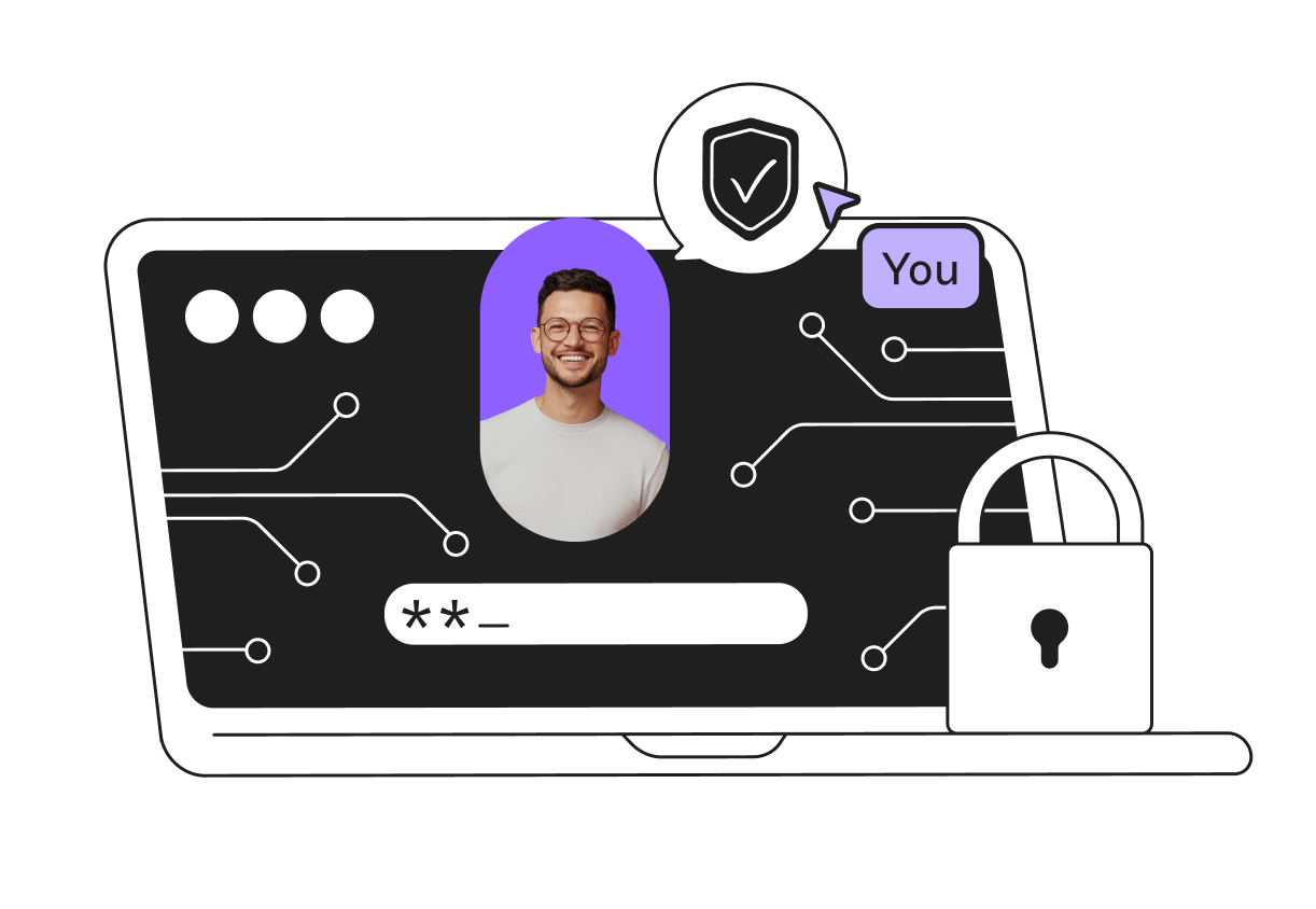 Illustration of a smiling person on a laptop screen with security icons, circuits, and a padlock, symbolizing online security.