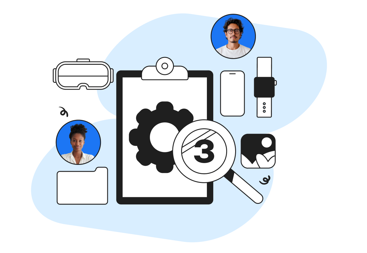 Illustration of technology devices and gears with two people in circles, highlighting collaboration and innovation.