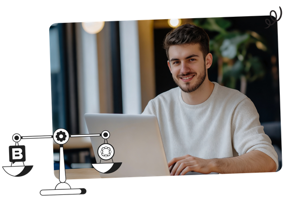Smiling man in a white sweater using a laptop at a desk, with a scale icon featuring gear and letter "B" symbols overlayed.