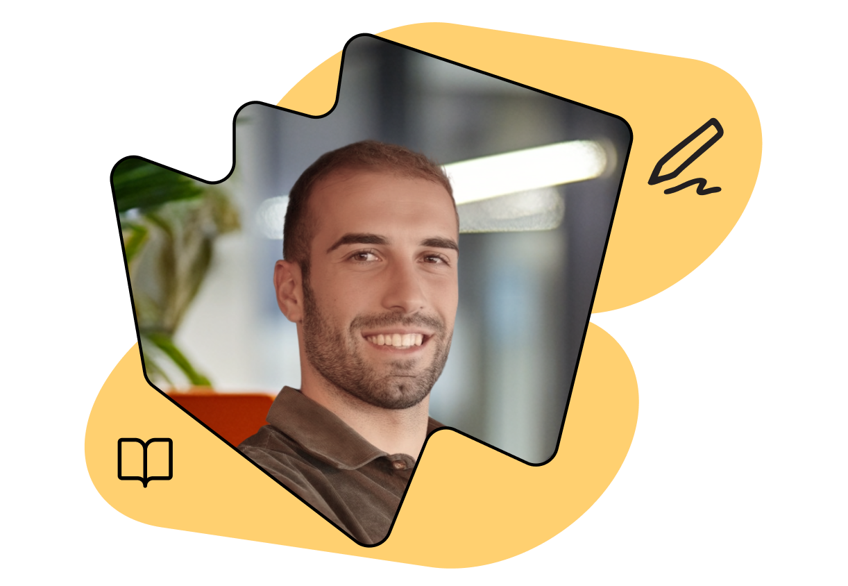 Smiling man with short hair in a casual shirt, framed by abstract yellow shapes with book and pencil icons.