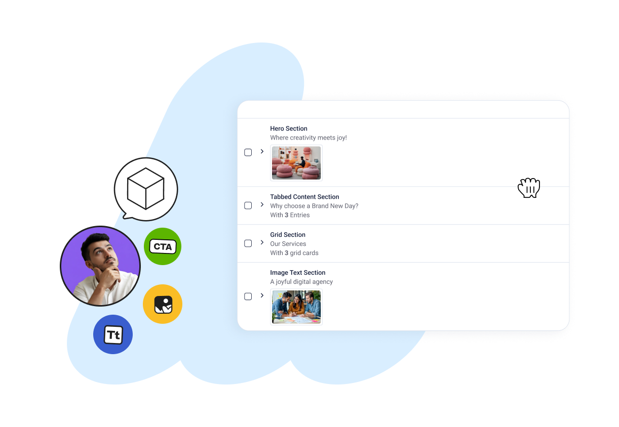 UI design interface with icons and a checklist of content sections titled Hero, Tabbed Content, Grid, and Image Text.