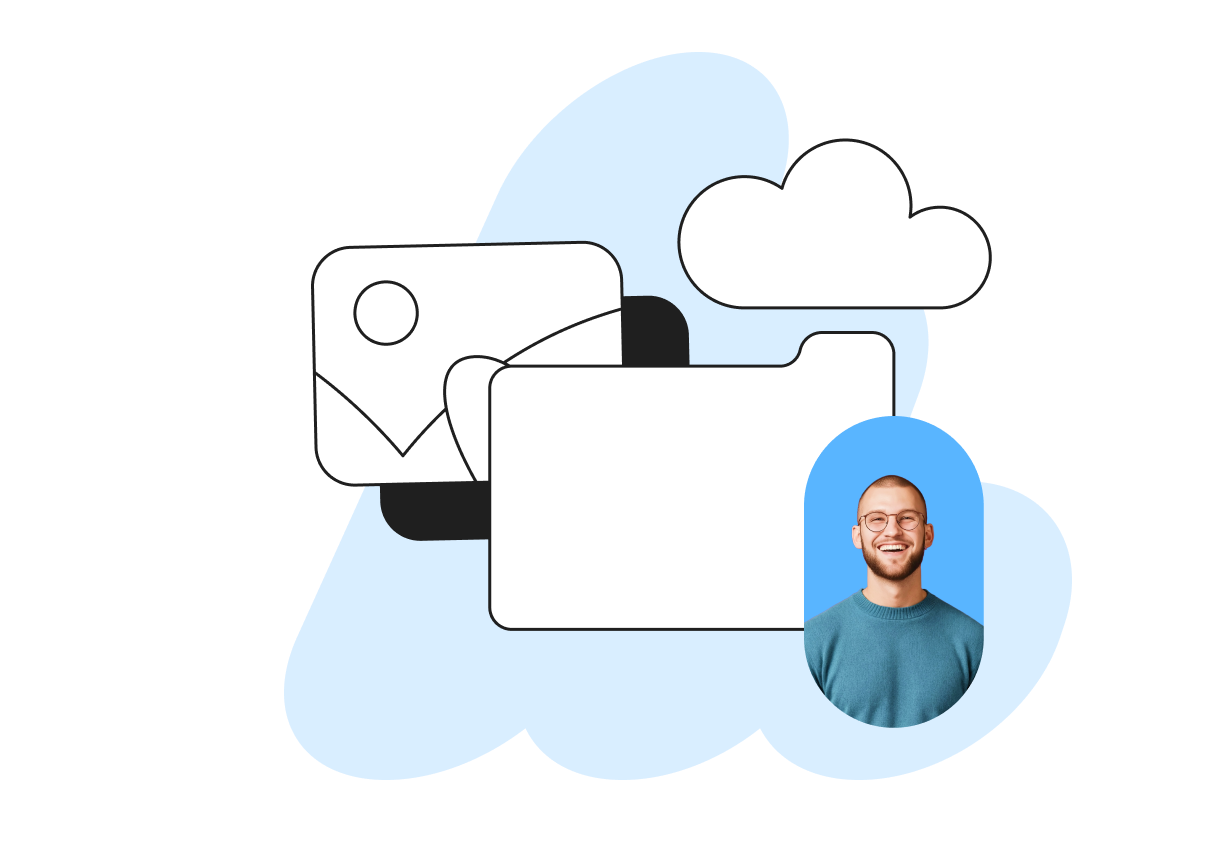 Illustration of cloud storage with a folder, image icon, and a smiling man in a blue shirt over a light blue cloud background.