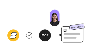 Flow chart showing a conversation icon, a check mark, "MCP," a person, and a document labeled "Your space."