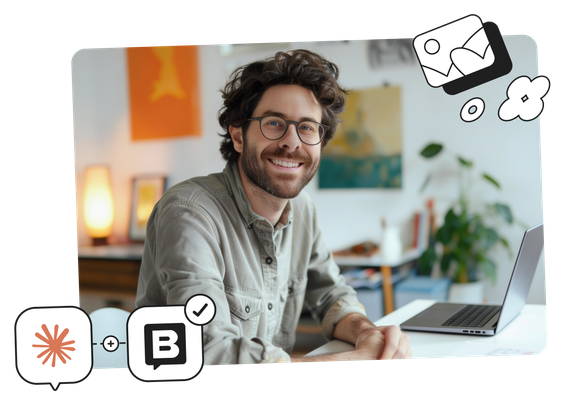 Smiling person with glasses sitting at a desk with a laptop in a bright, modern office. Abstract icons are floating near the image.