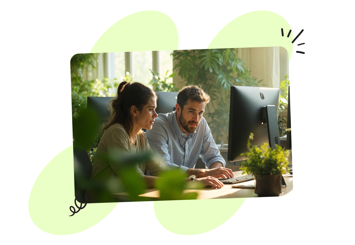 Two people sitting at a desk, focused on computer screens, surrounded by indoor plants in a well-lit office.