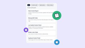 Content audit interface showing options: Stale Content Report, Missing SEO Fields, Low Quality Content Check, Broken Links Finder, Duplicate Content Finder.