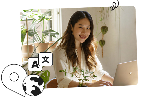Smiling woman using a laptop at a sunlit desk with plants. Icons of a globe, location pin, and language characters overlay the image.