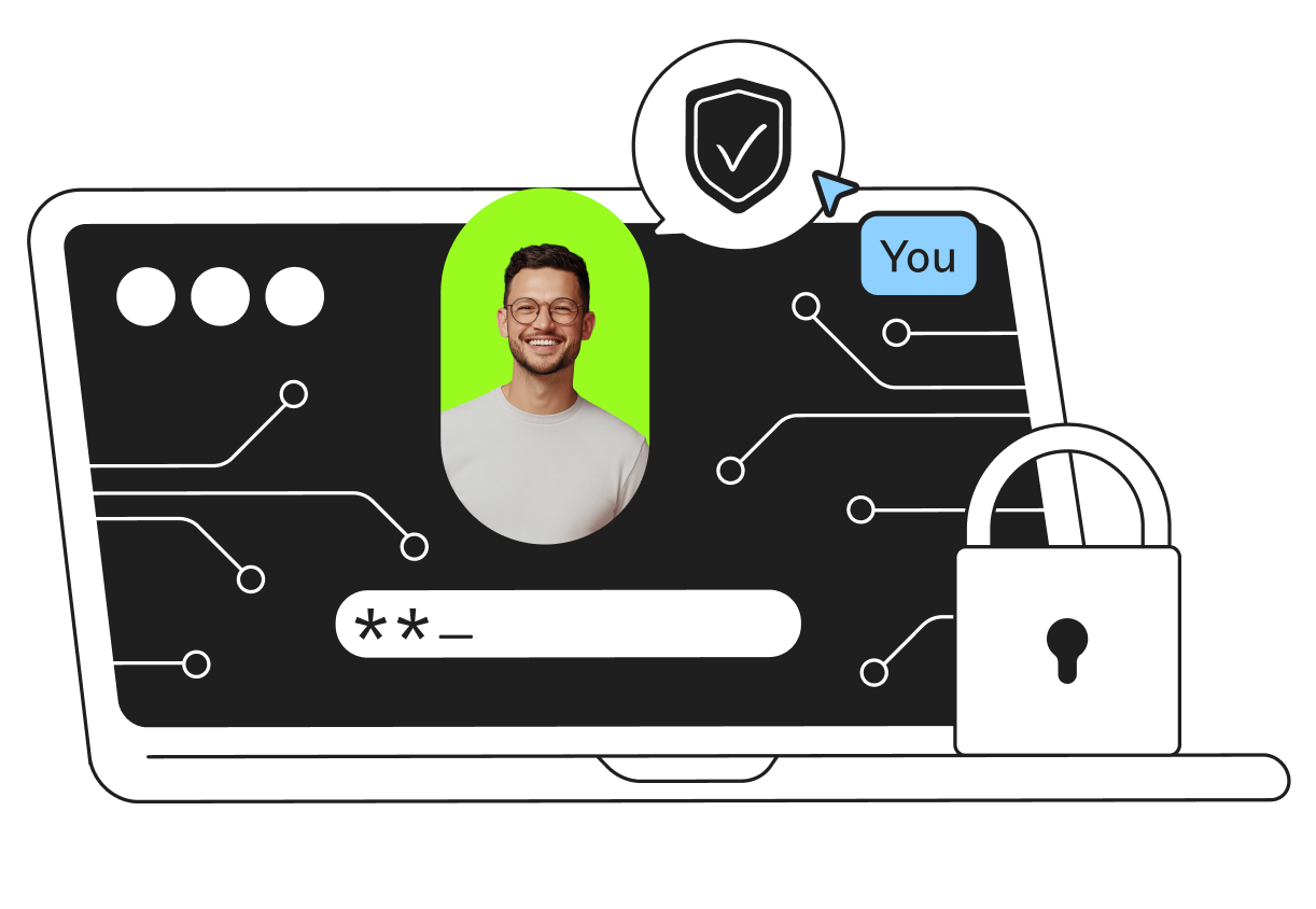 Laptop with a digital lock, user icon, circuit lines, and a shield symbol, emphasizing online security and user authentication.