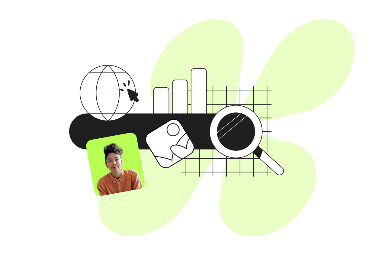 Collage of a globe, bar graph, magnifying glass, and a portrait of a person in an orange shirt on a lime green background.