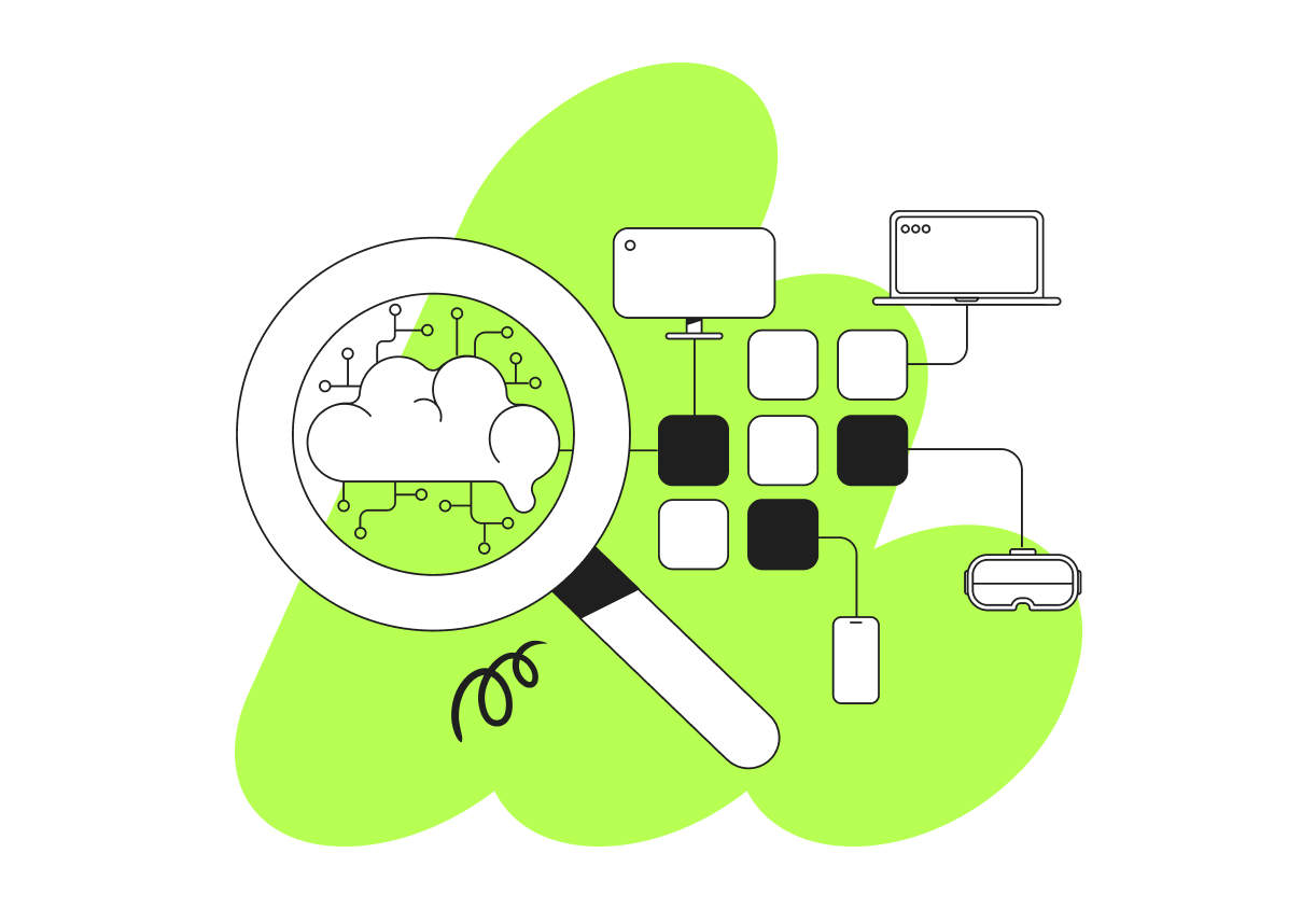 Illustration of a magnifying glass over a cloud, surrounded by tech devices, on a green abstract background.