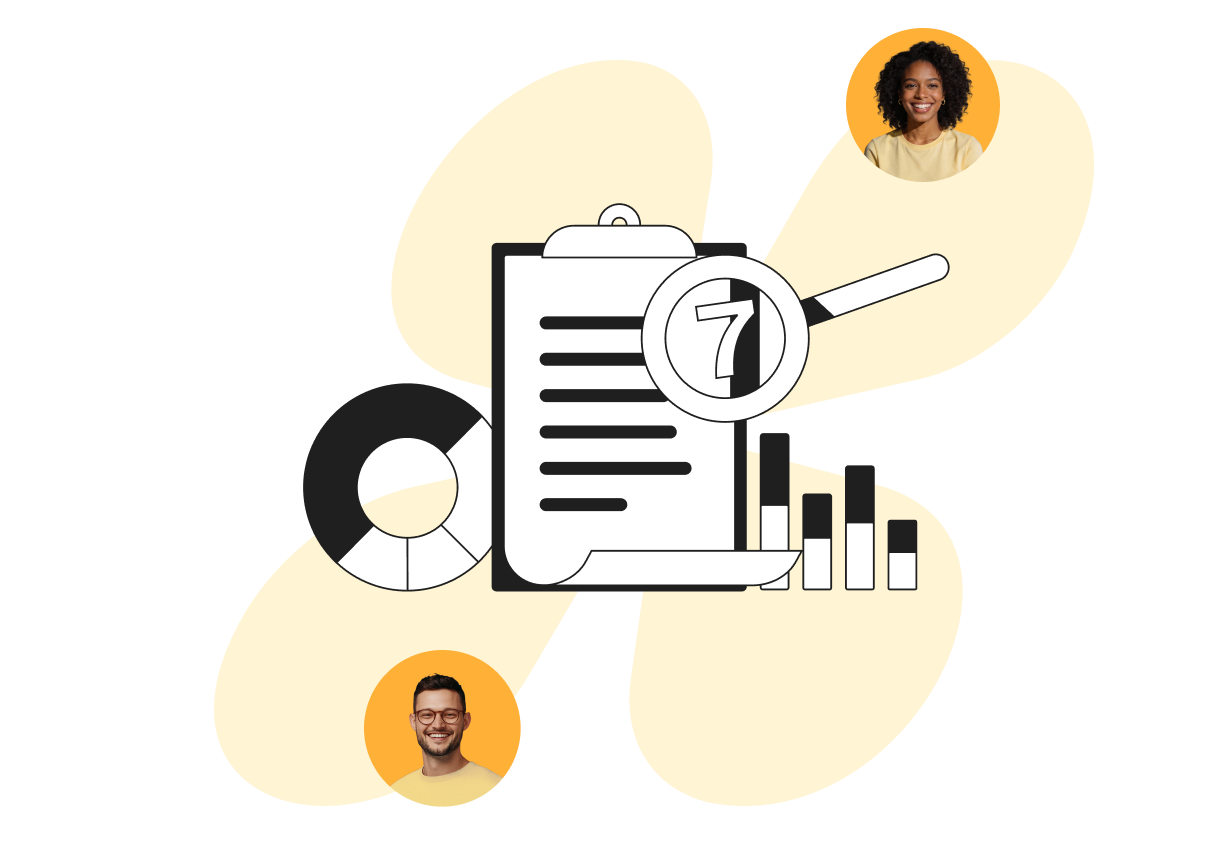 Illustration of a clipboard with a magnifying glass showing the number 7, accompanied by bar and pie charts, and two smiling people.