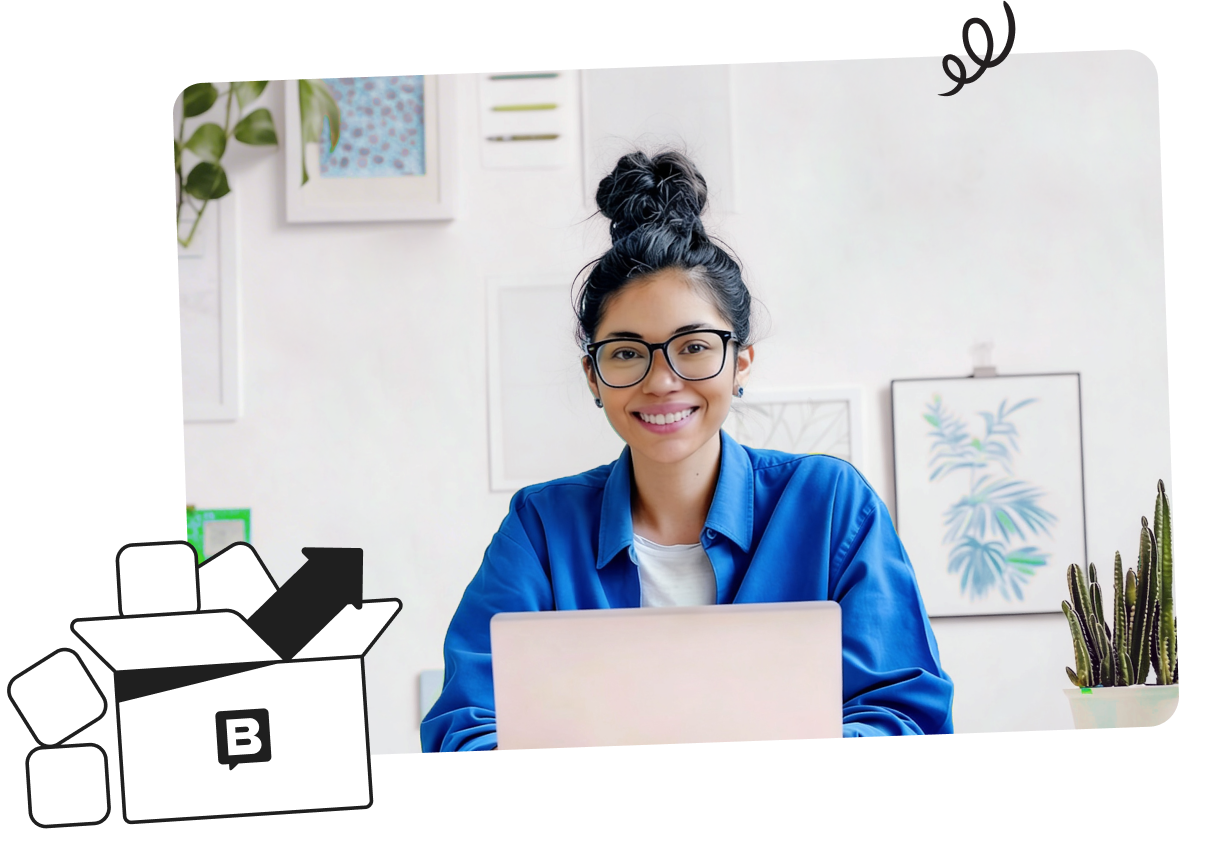 Smiling person with glasses and a bun, sitting at a laptop in a bright room with plants and framed artwork. A box with an arrow icon is in the corner.