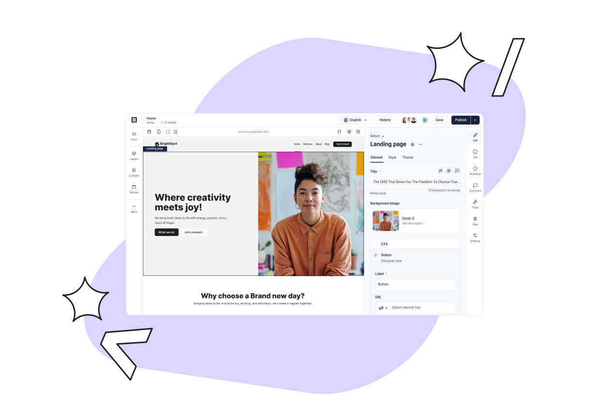 Website design interface displaying a landing page with a person in an orange shirt, headline, and buttons.