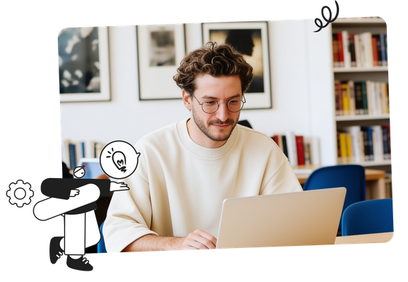 Man with glasses using a laptop in a library, surrounded by books and framed pictures, with a doodle of a character holding a light bulb.