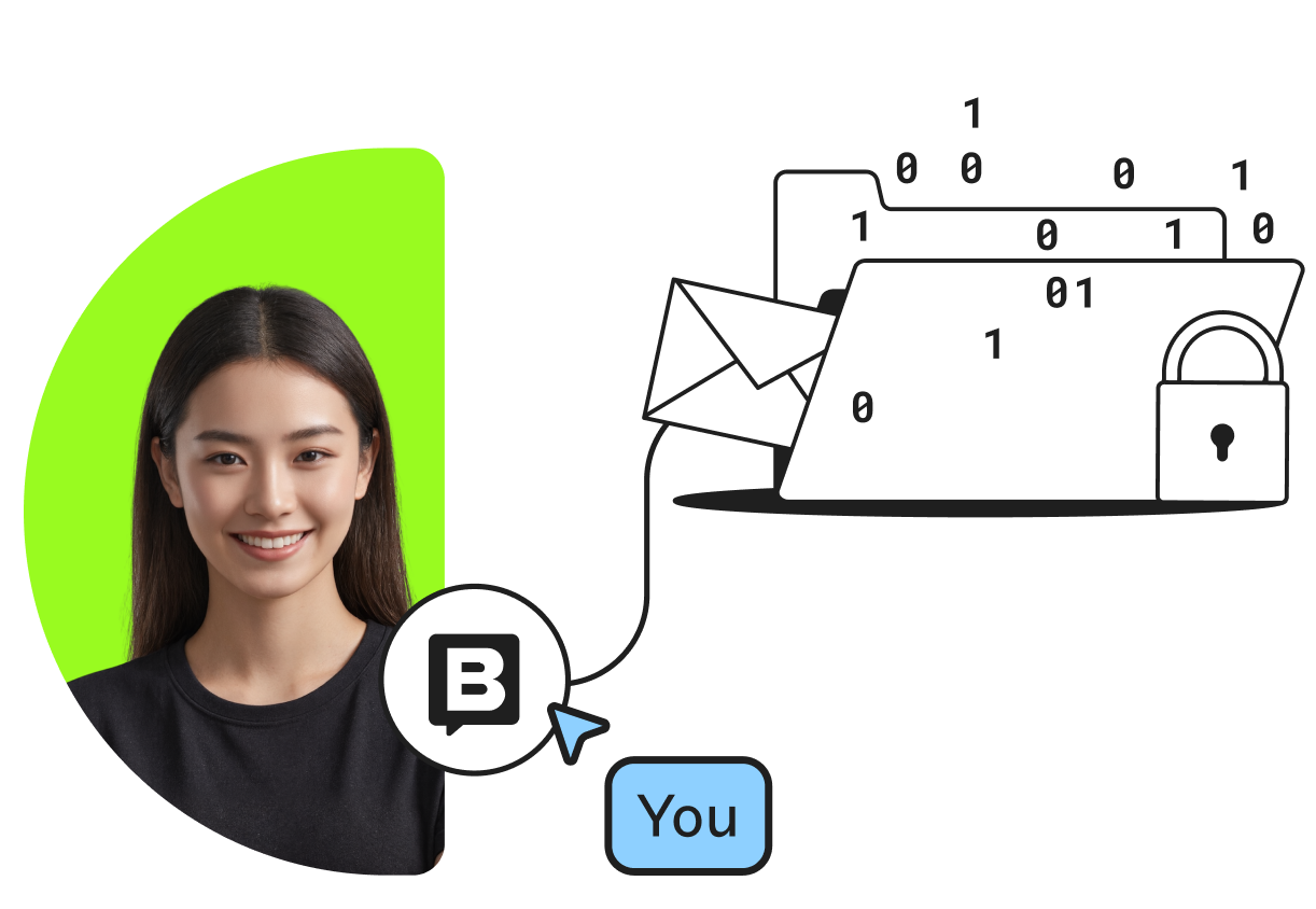 Smiling person with a chat icon and binary-coded folders, envelopes, and lock symbol on a green and black background.