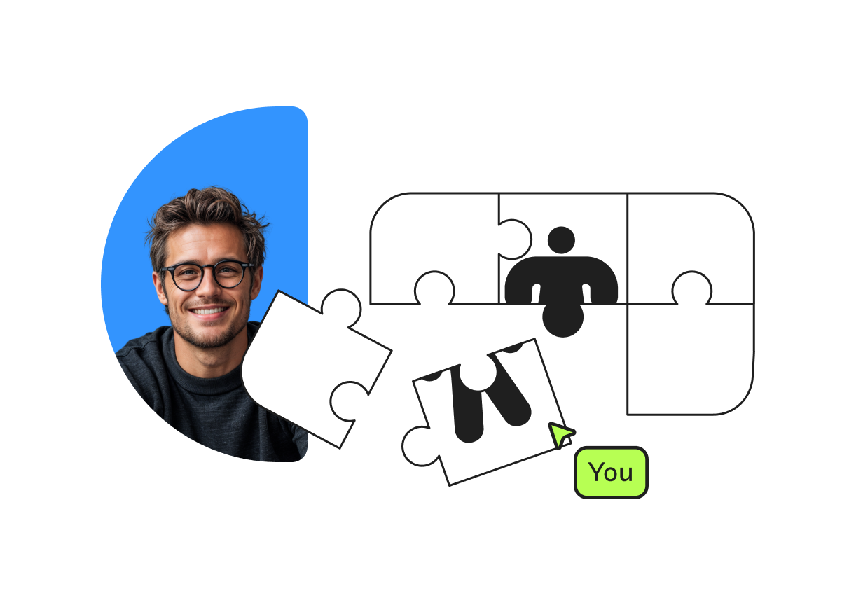 Smiling man with glasses next to incomplete puzzle pieces, one labeled "You," highlighting collaborative potential.