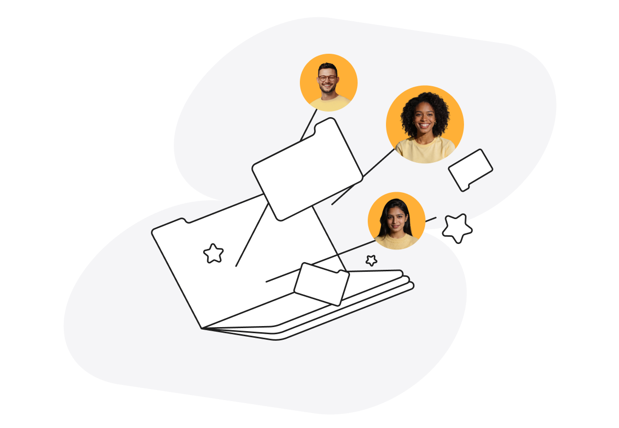 Illustration of a folder with abstract lines connecting three profile photos of people, set against a light background with star graphics.